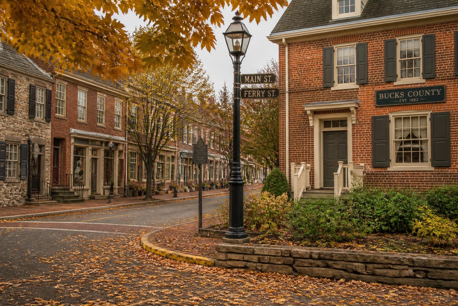 Historic Bucks County main street with brick and stone storefronts — atmospheric imagery of Langhorne's character, not the firm's office