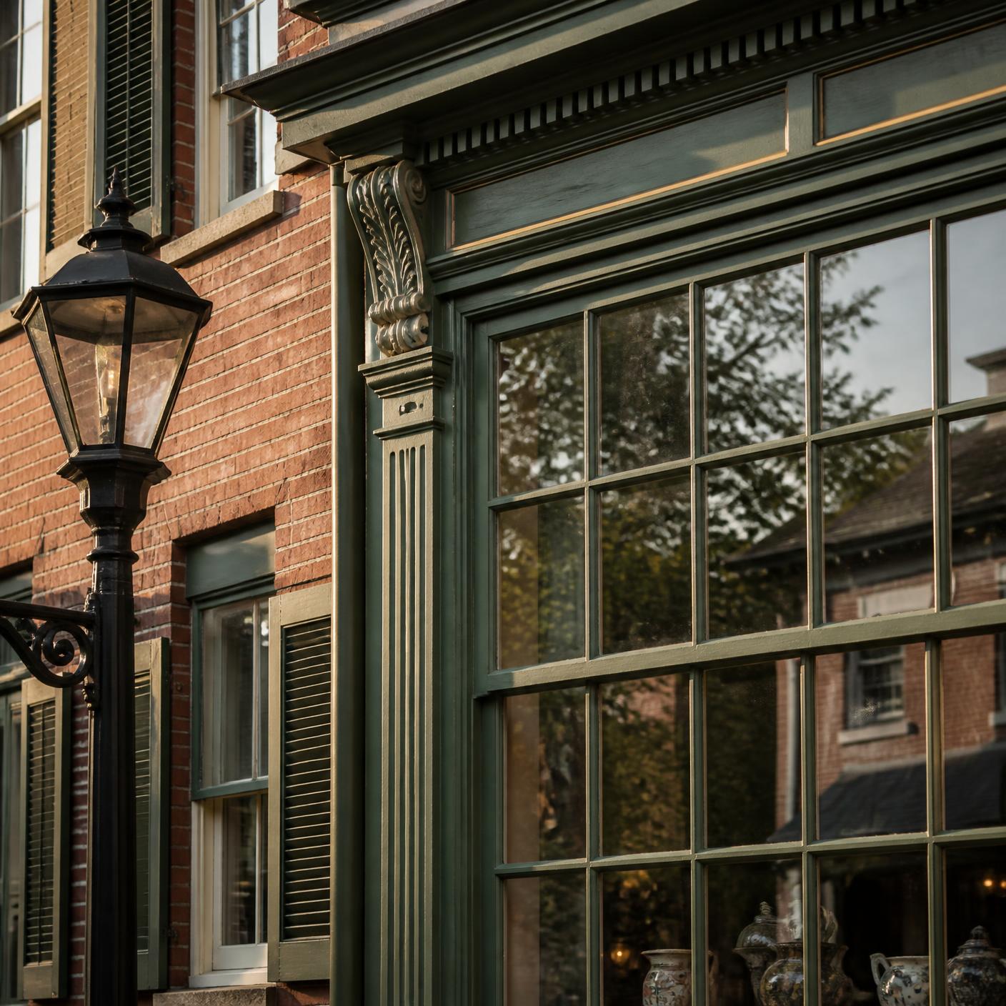 Historic Bucks County main street with brick and stone storefronts — atmospheric imagery of Langhorne's character, not the firm's office