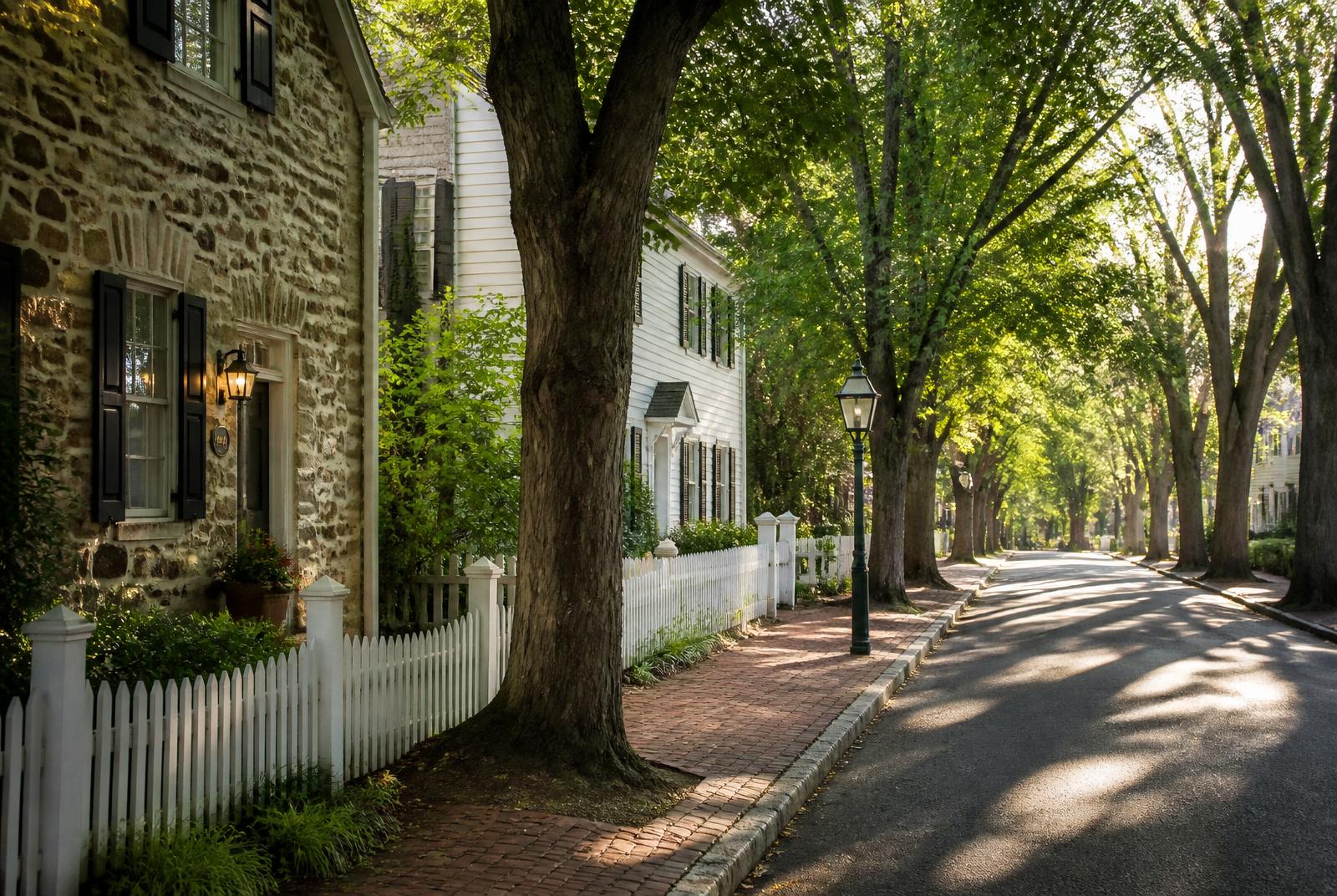 Historic Bucks County main street with brick and stone storefronts — atmospheric imagery of Langhorne's character, not the firm's office